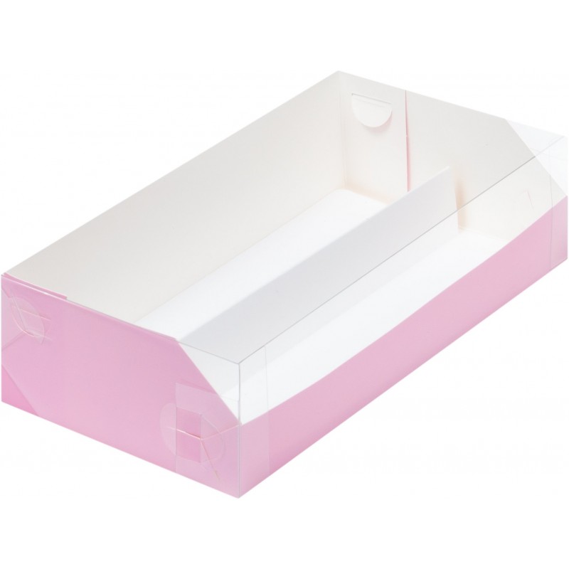 Коробка для макарун с фигурным окном 21х10х5,5cм розовая матовая